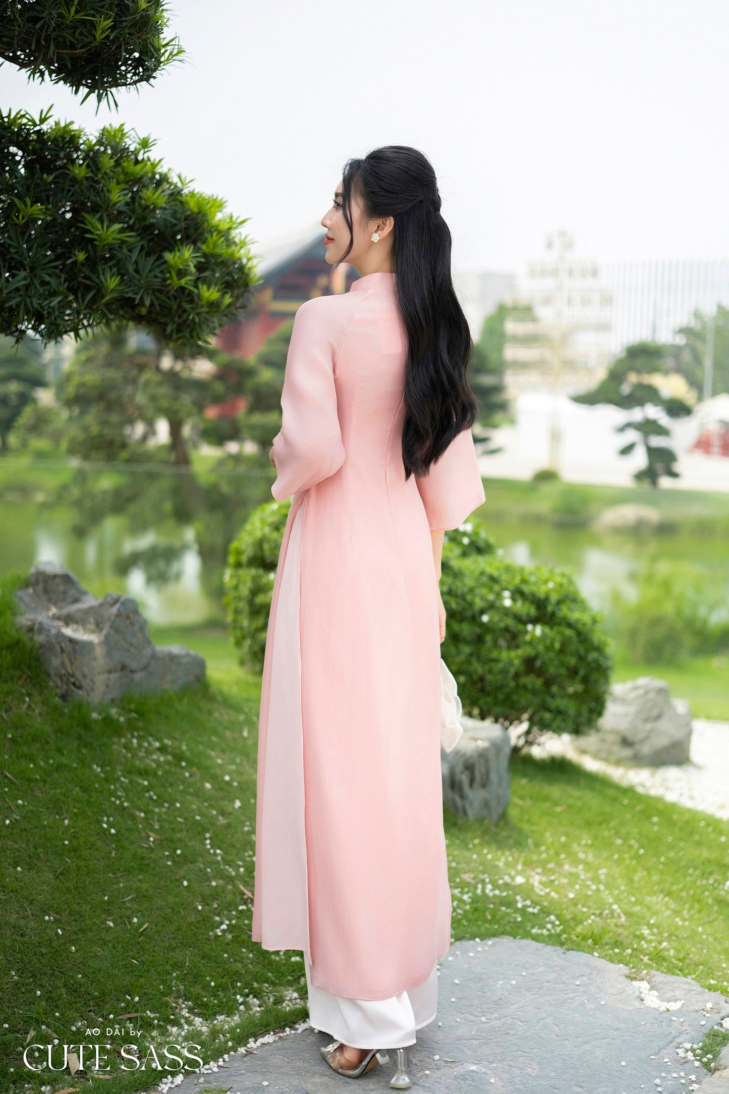 Light Pink Embroidery Chiffon Ao Dai Set