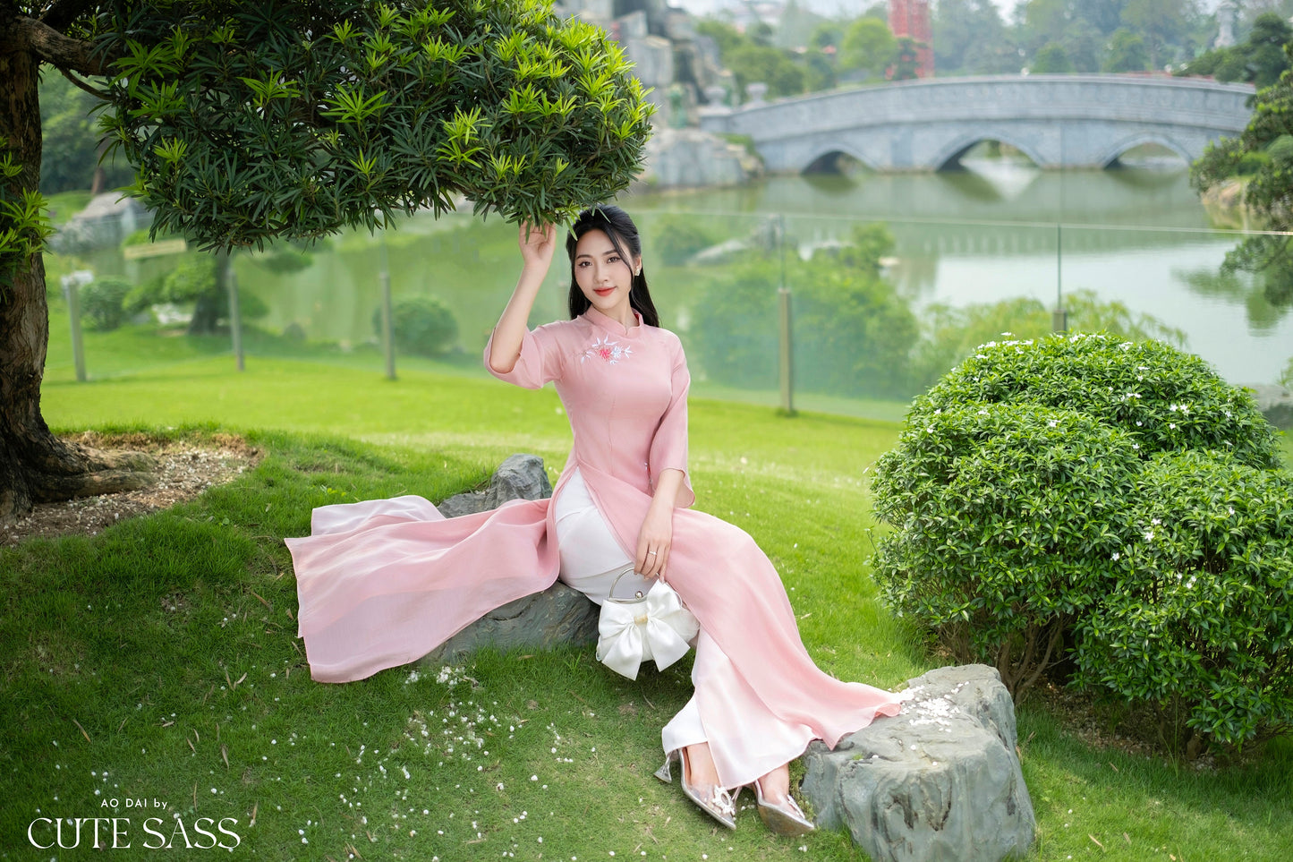 Light Pink Embroidery Chiffon Ao Dai Set