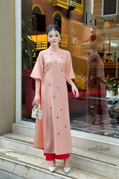 Shifted Embroidery Peach Ao Dai Set |Pre-made Vietnamese Ao Dai|Women Ao Dai with Pants |Lunar New Year| Ao Dai Truyen Thong|