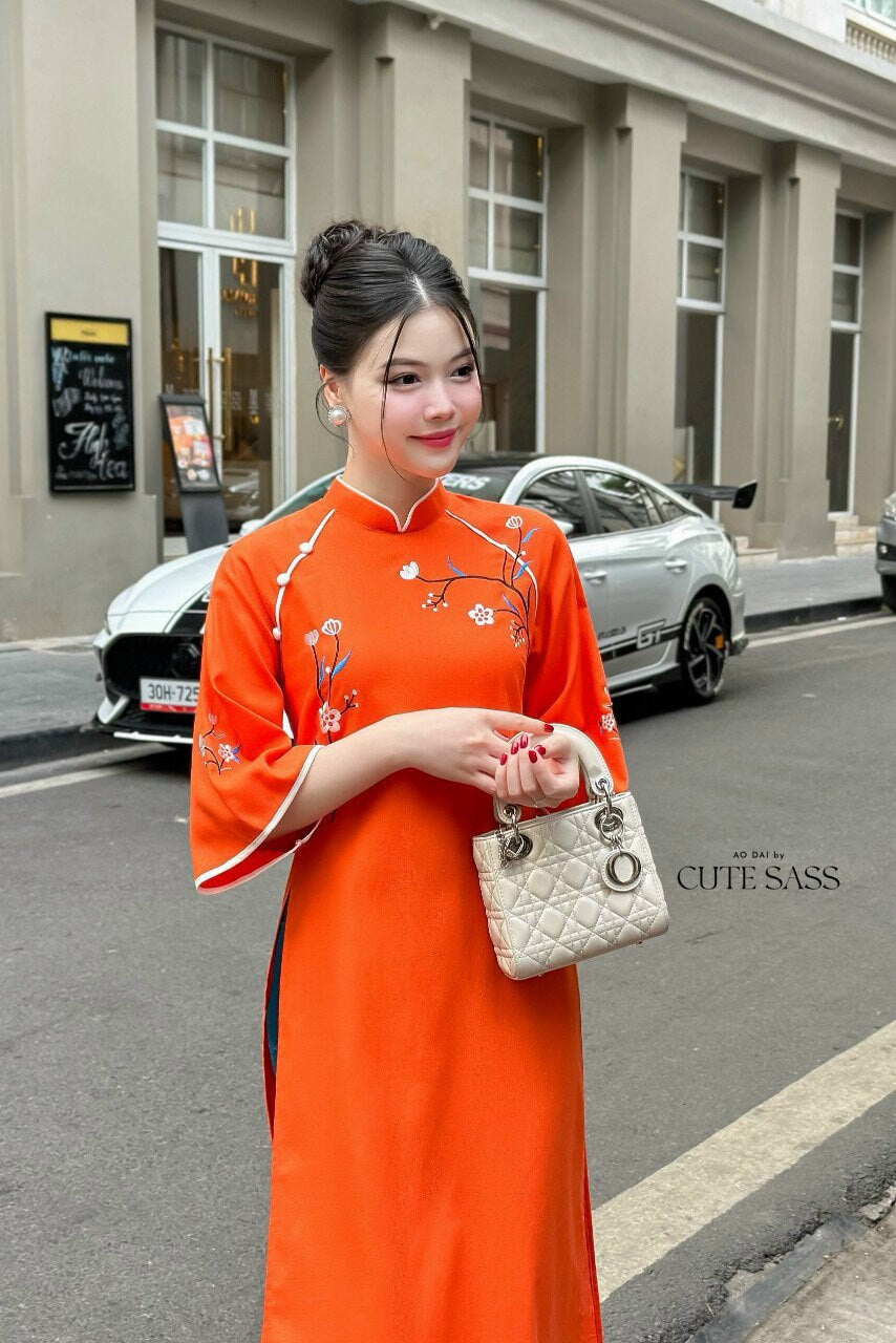 Shifted Embroidery Orange Ao Dai Set |Pre-made Vietnamese Ao Dai|Women Ao Dai with Pants |Lunar New Year| Ao Dai Truyen Thong|