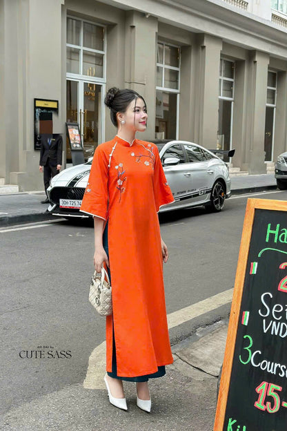 Shifted Embroidery Orange Ao Dai Set |Pre-made Vietnamese Ao Dai|Women Ao Dai with Pants |Lunar New Year| Ao Dai Truyen Thong|