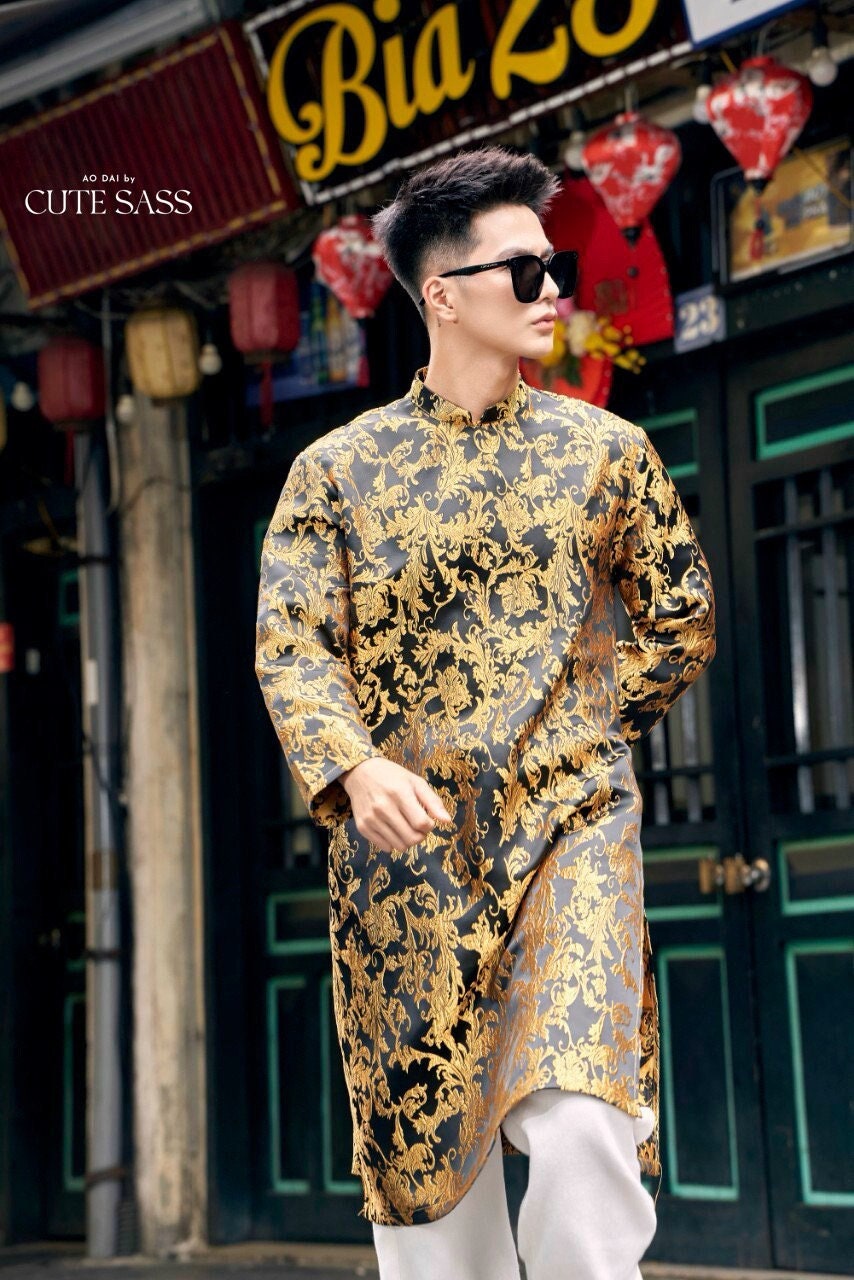 Black/Gold Gam Ao Dai Top | Pre-made Traditional Vietnamese Ao Dai| Lunar New Year | Ao Dai for Dad, Boy|Ao Dai Tet|