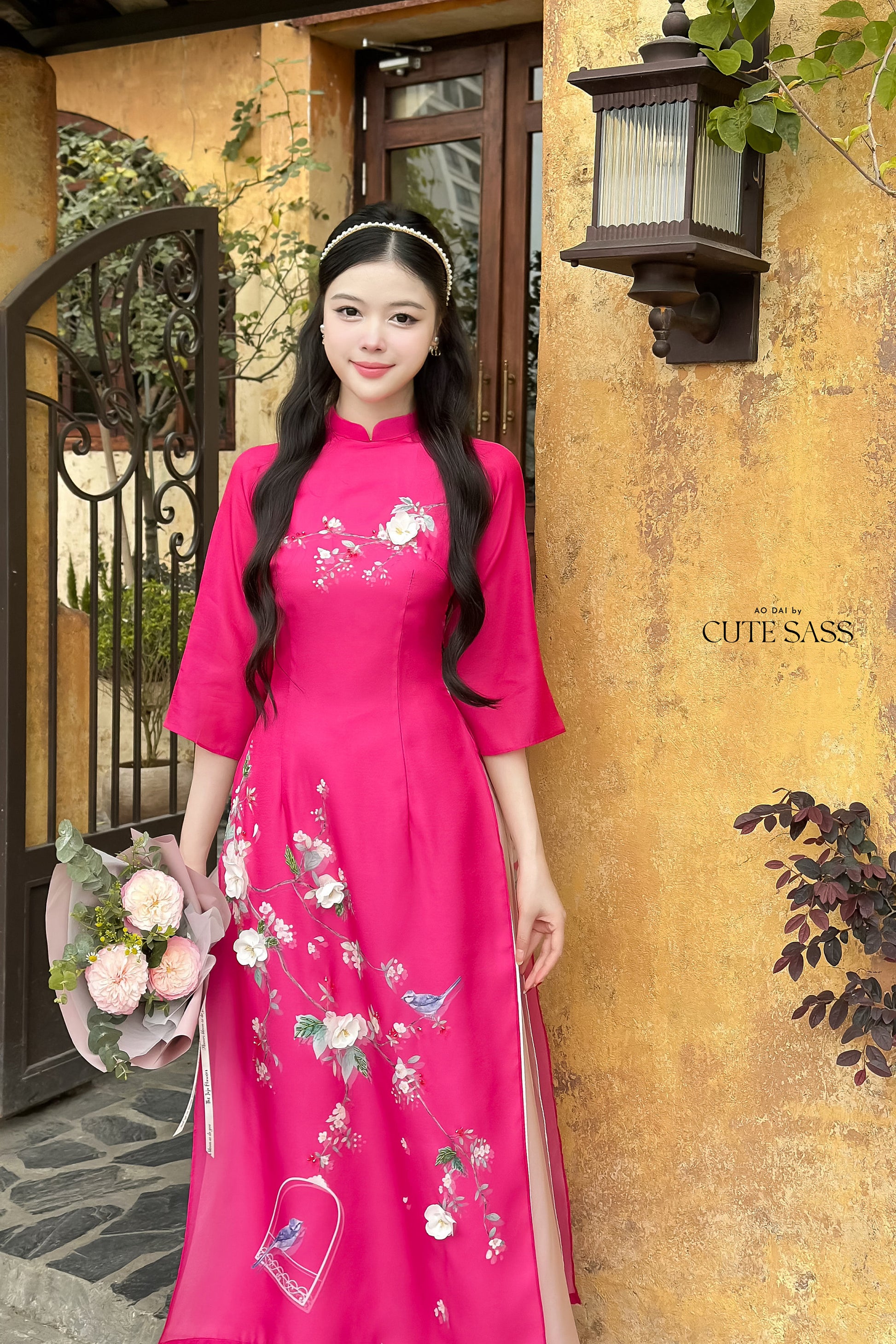 Hot Pink Sparkle Spring Ao Dai Set| Pre-made Traditional Vietnamese Ao Dai|Ao Dai with Pants|Lunar New Year|Ao Dai Cach Tan|20C