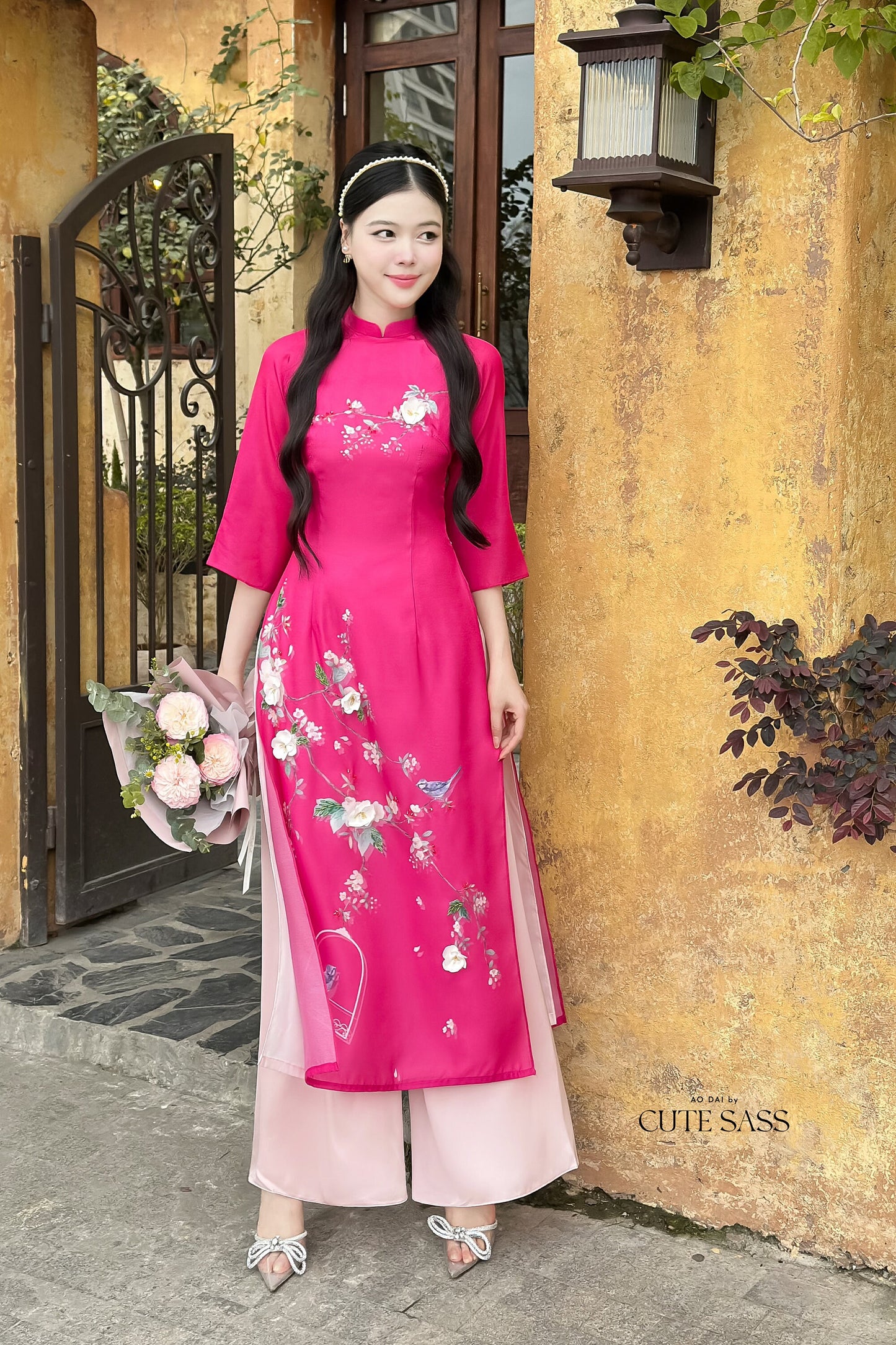 Hot Pink Sparkle Spring Ao Dai Set| Pre-made Traditional Vietnamese Ao Dai|Ao Dai with Pants|Lunar New Year|Ao Dai Cach Tan|20C