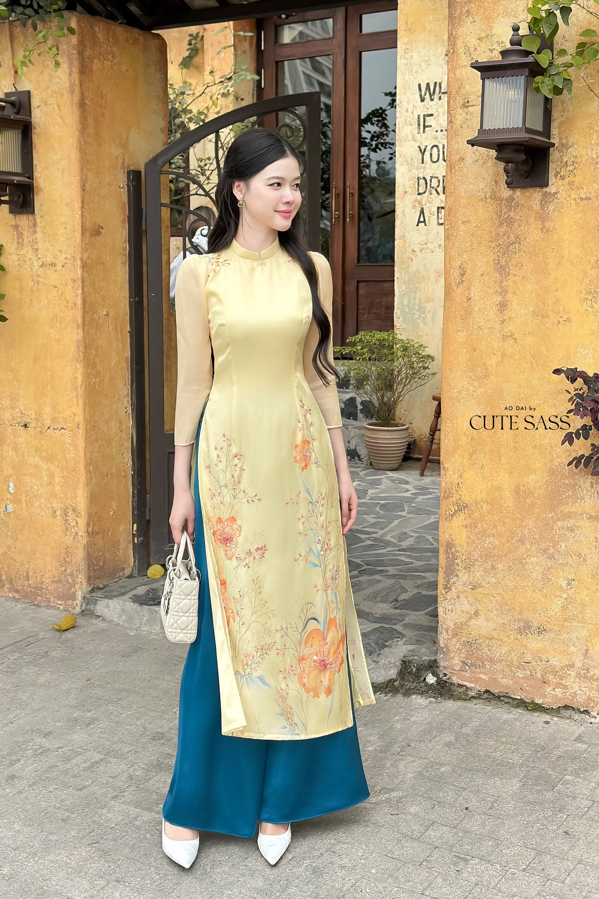 Yellow Sparkle Spring Ao Dai Set| Pre-made Traditional Vietnamese Ao Dai|Ao Dai with Pants|Lunar New Year|Ao Dai Cach Tan|8B