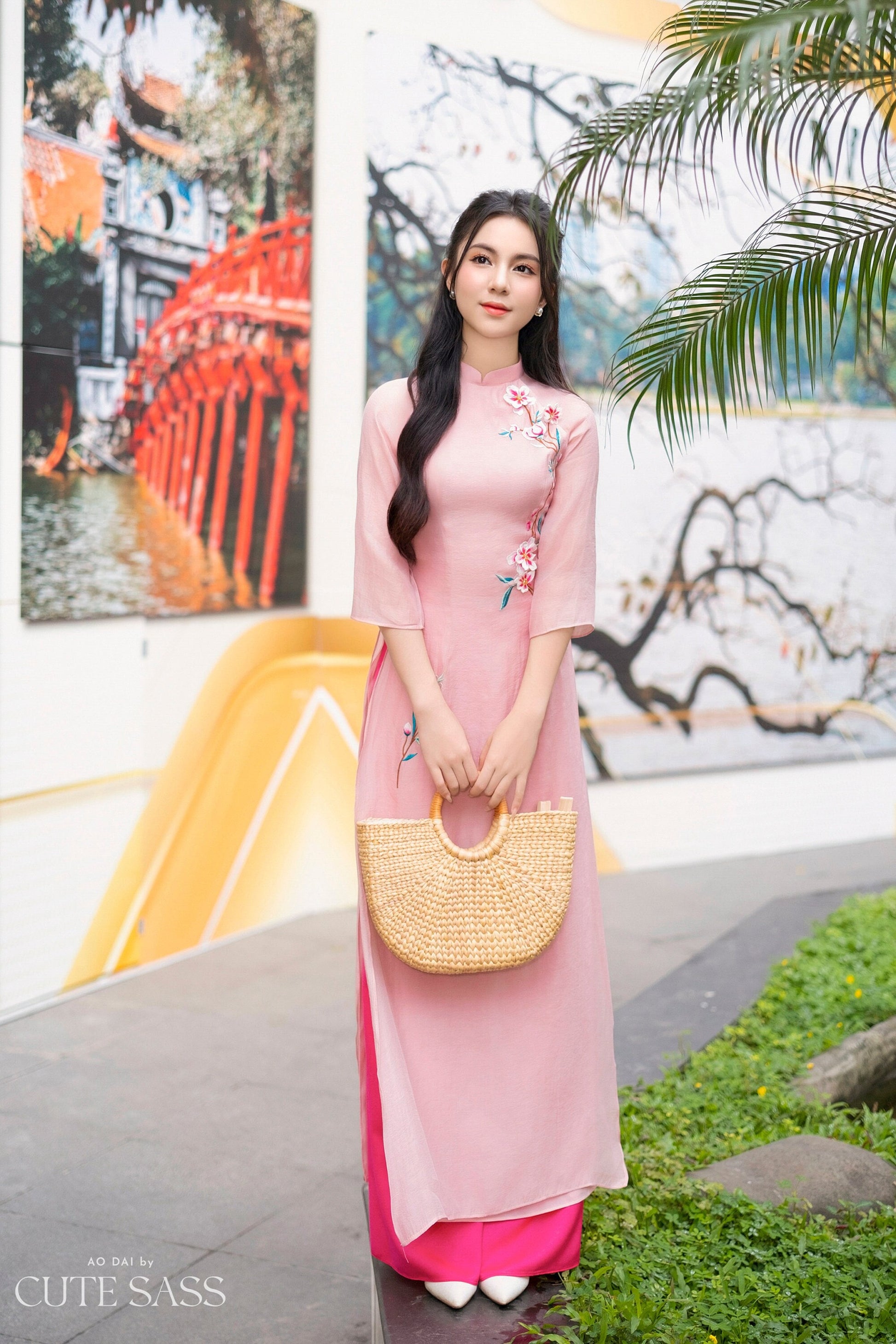 Light Pink 3D Blossoms Chiffon Ao Dai Set |Pre-made Modernized Vietnamese Ao Dai| Ao Dai with Pants | Lunar New Year| Ao Dai Truyen Thong|