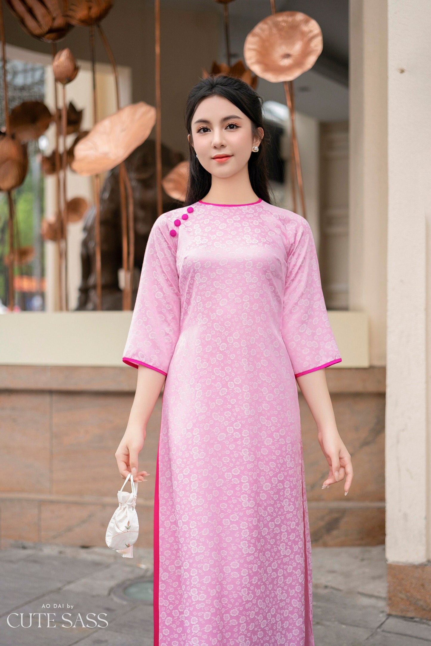 Shifted Pink Button Gam Ao Dai Set