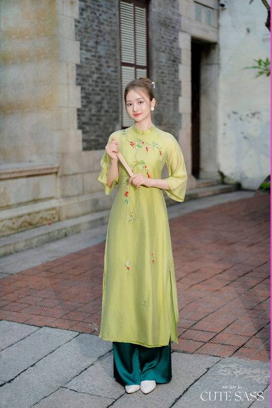 Green Holly Berries Ao Dai Set | Pre-made Traditional Vietnamese Ao Dai| Women Ao Dai with Pants | Lunar New Year|7B