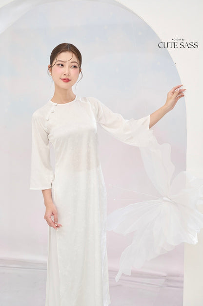 Tinh Kỳ - White Round Collar Ao Dai Set |Pre-made Traditional Vietnamese Ao Dai|Ao Dai with Pants|Graduaion
