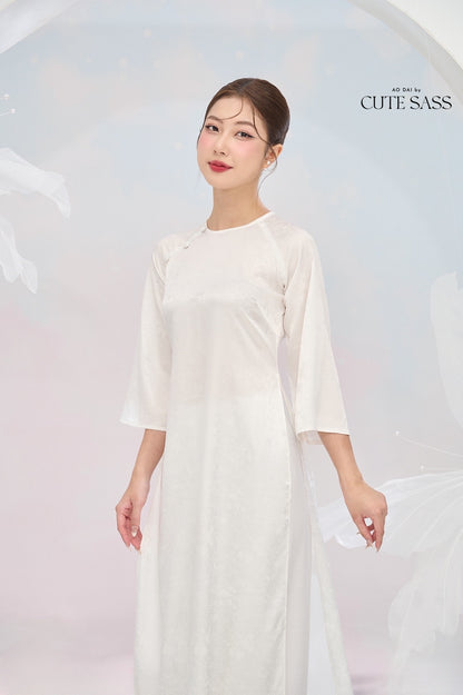 Tinh Kỳ - White Round Collar Ao Dai Set |Pre-made Traditional Vietnamese Ao Dai|Ao Dai with Pants|Graduaion