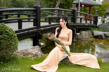 Peach Traditional Gấm Ao Dai Set