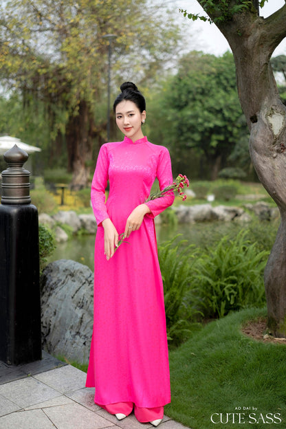 Hot Pink Traditional Gấm Ao Dai Set