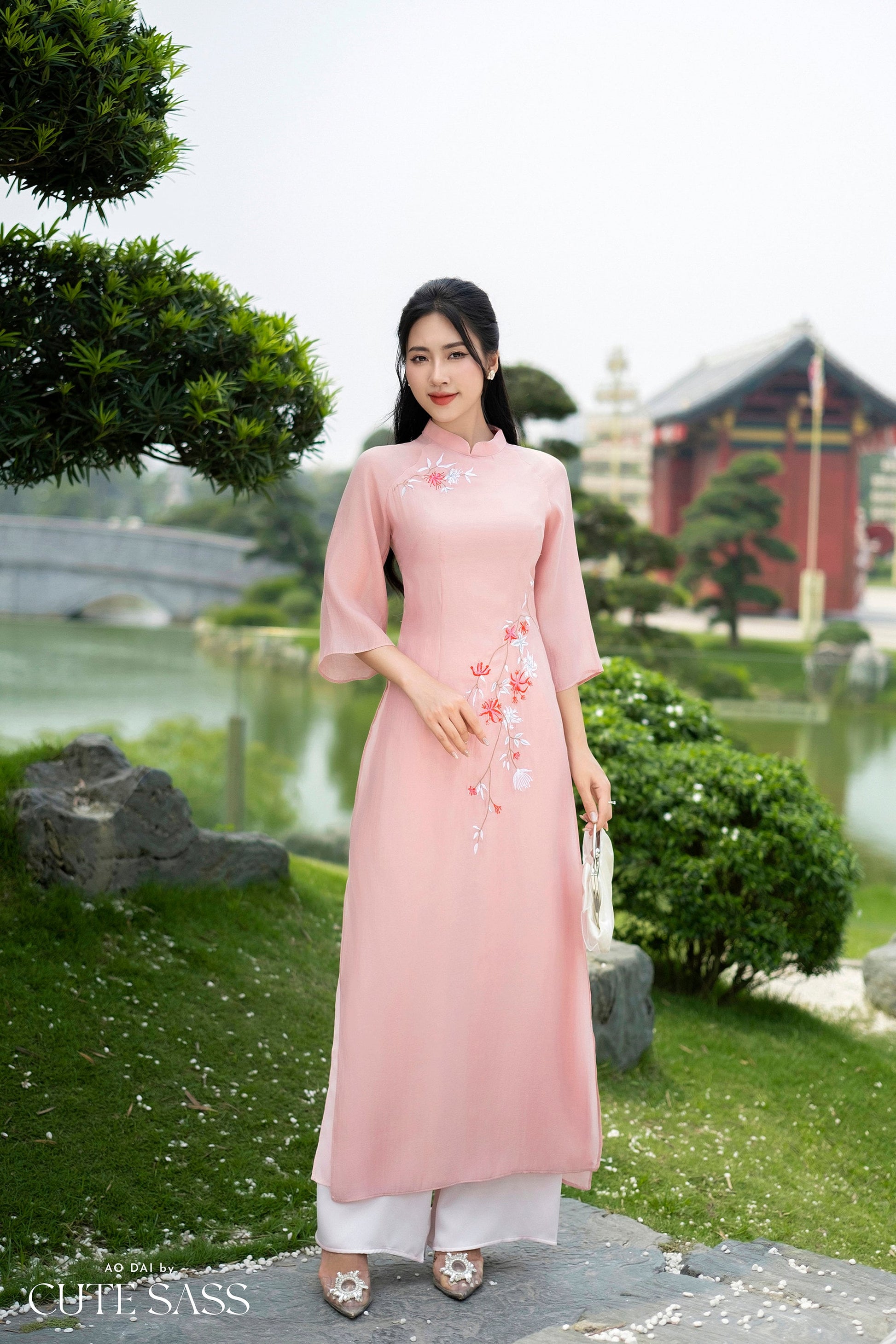 Light Pink Embroidery Chiffon Ao Dai Set