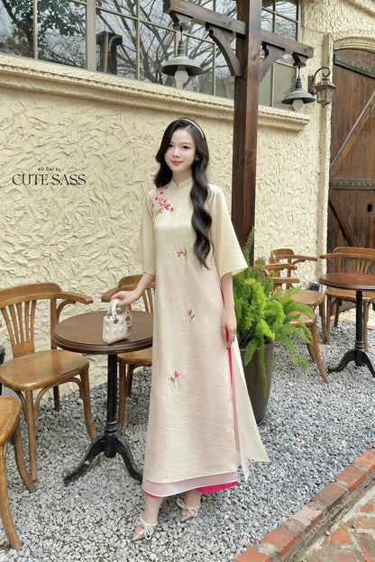 Cream Button Embroidery Ao Dai Set |Pre-made Modernized Vietnamese Ao Dai| Ao Dai with Pants | Lunar New Year| Ao Dai Truyen Thong|11B