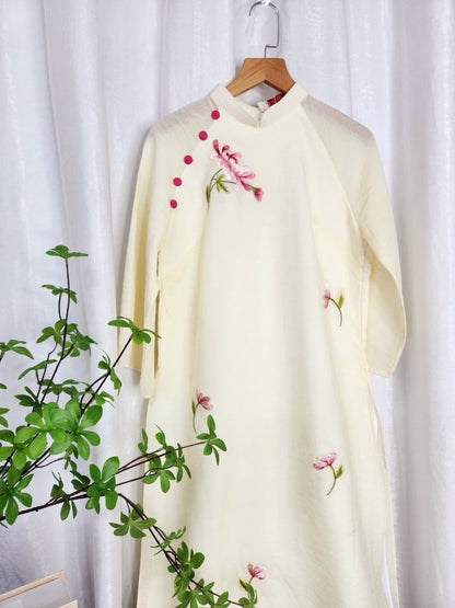Cream Button Embroidery Ao Dai Set |Pre-made Modernized Vietnamese Ao Dai| Ao Dai with Pants | Lunar New Year| Ao Dai Truyen Thong|11B