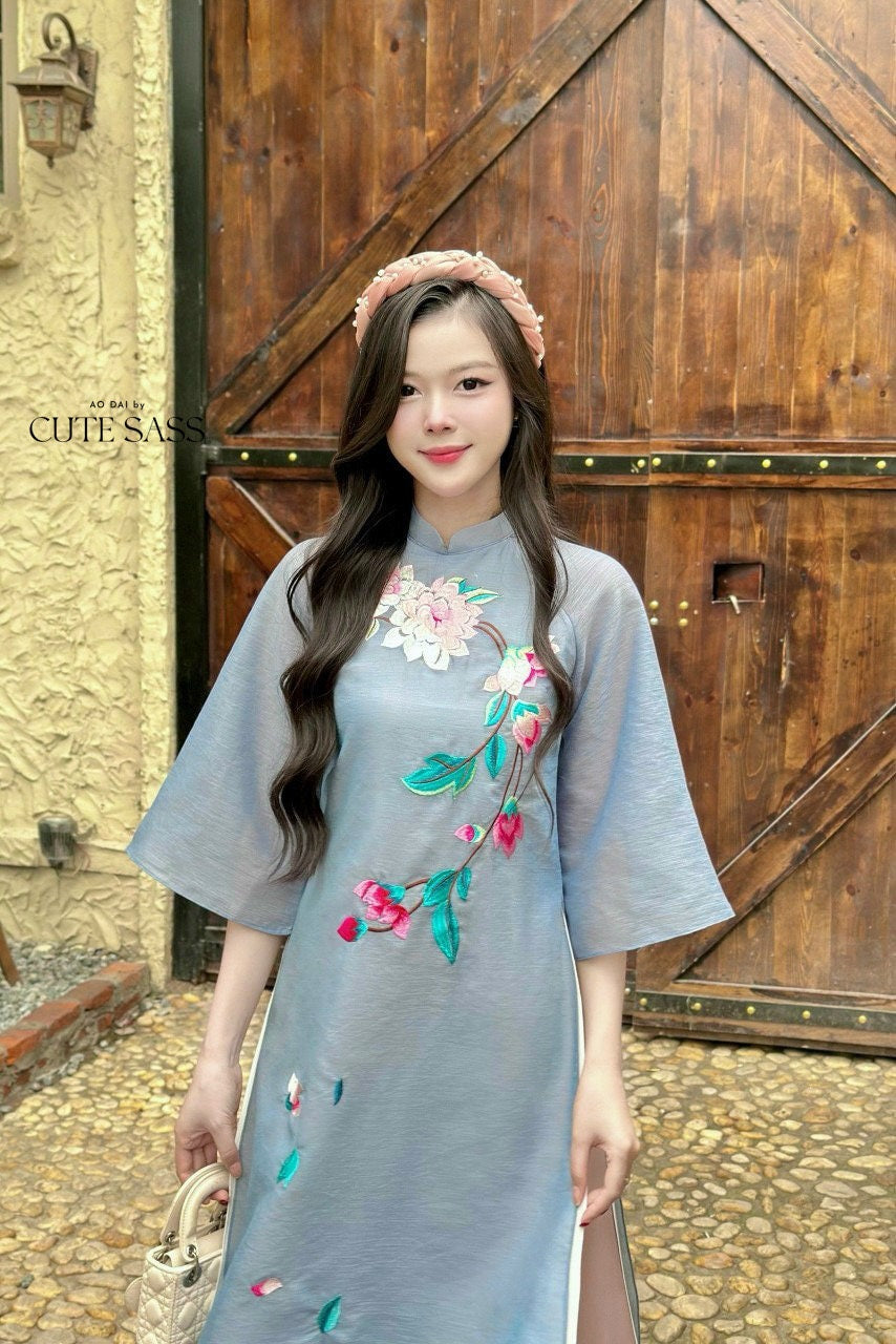 Blue Embroidery Blossoms Ao Dai Set |Pre-made Modernized Vietnamese Ao Dai| Ao Dai with Pants | Lunar New Year| Ao Dai Truyen Thong|11-12B