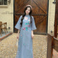 Blue Embroidery Blossoms Ao Dai Set |Pre-made Modernized Vietnamese Ao Dai| Ao Dai with Pants | Lunar New Year| Ao Dai Truyen Thong|11-12B