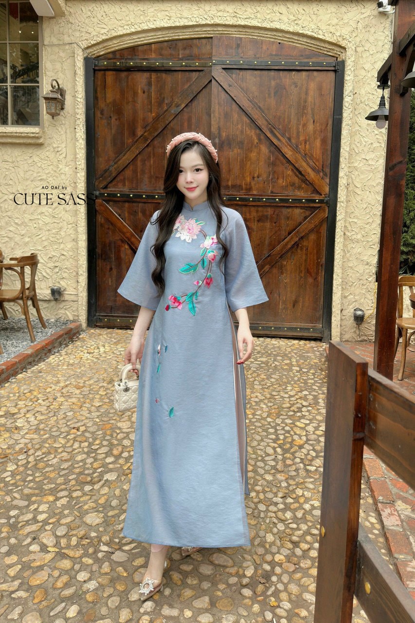 Blue Embroidery Blossoms Ao Dai Set |Pre-made Modernized Vietnamese Ao ...