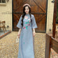 Blue Embroidery Blossoms Ao Dai Set |Pre-made Modernized Vietnamese Ao Dai| Ao Dai with Pants | Lunar New Year| Ao Dai Truyen Thong|11-12B