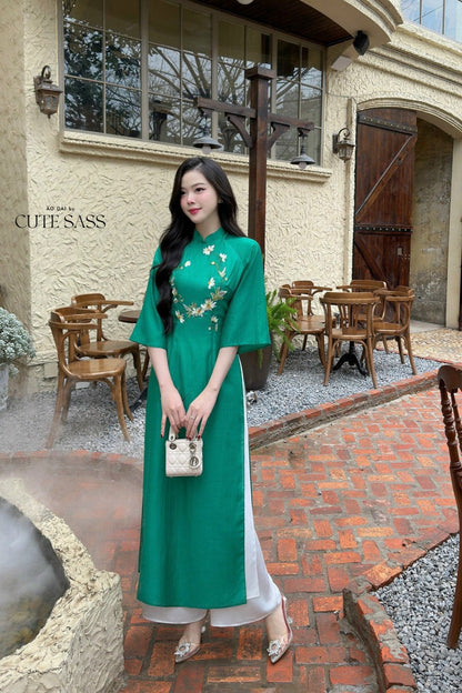 Royal Green Chiffon Ao Dai Set |Pre-made Modernized Vietnamese Ao Dai| Ao Dai with Pants | Lunar New Year| Ao Dai Truyen Thong|11A