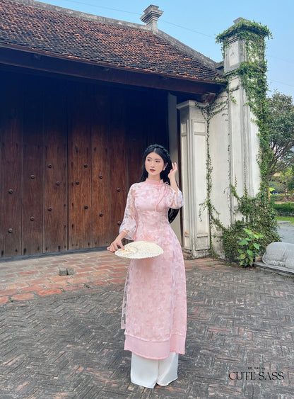 Pink Butterfly Hearts Ao Dai Set |Pre-made Modernized Vietnamese Ao Dai| Ao Dai with Pants | Lunar New Year| Ao Dai Truyen Thong|32C