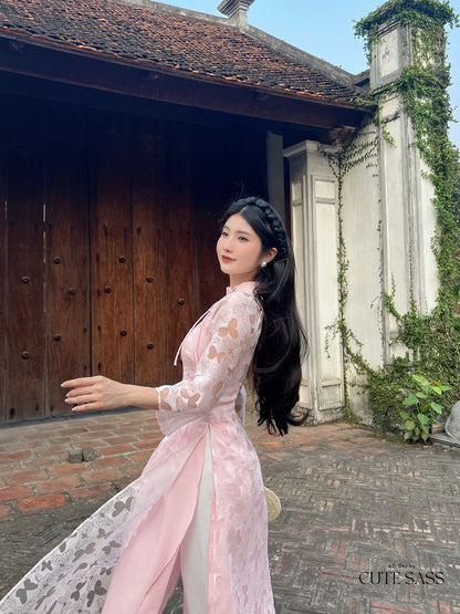 Pink Butterfly Hearts Ao Dai Set |Pre-made Modernized Vietnamese Ao Dai| Ao Dai with Pants | Lunar New Year| Ao Dai Truyen Thong|32C