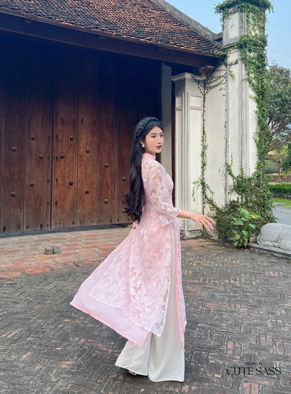 Pink Butterfly Hearts Ao Dai Set |Pre-made Modernized Vietnamese Ao Dai| Ao Dai with Pants | Lunar New Year| Ao Dai Truyen Thong|32C