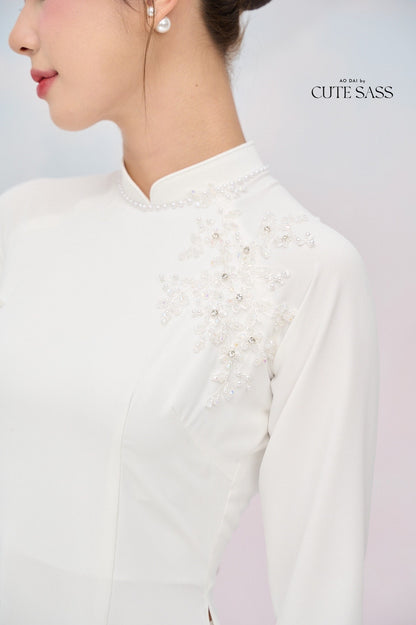 Tinh Kỳ - Jeweled Pearls Ao Dai Set M1|Pre-made Traditional Vietnamese Ao Dai|Ao Dai with Pants|Graduaion | Bridal |Ao Dai Truyen Thong|