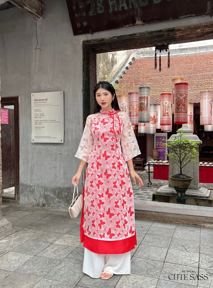 Red Butterfly Heart Ao Dai Set |Pre-made Modernized Vietnamese Ao Dai| Ao Dai with Pants | Lunar New Year| Ao Dai Truyen Thong|31C
