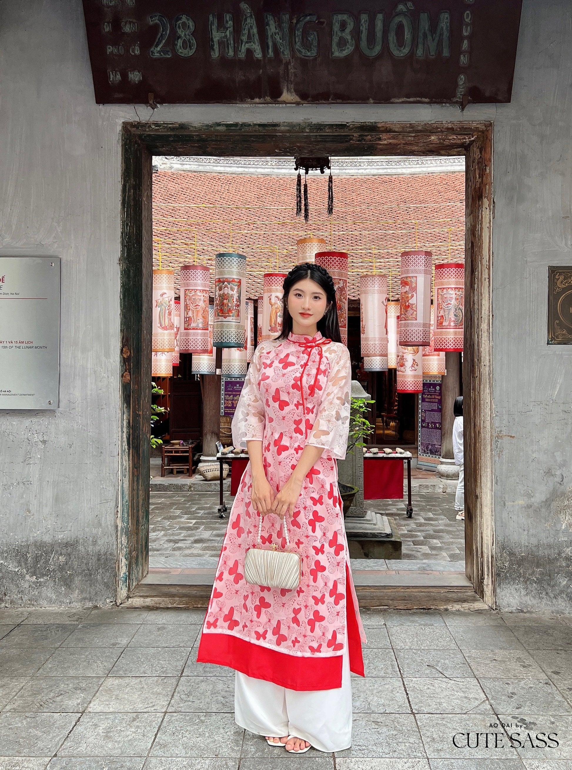 Red Butterfly Heart Ao Dai Set |Pre-made Modernized Vietnamese Ao Dai| Ao Dai with Pants | Lunar New Year| Ao Dai Truyen Thong|31C