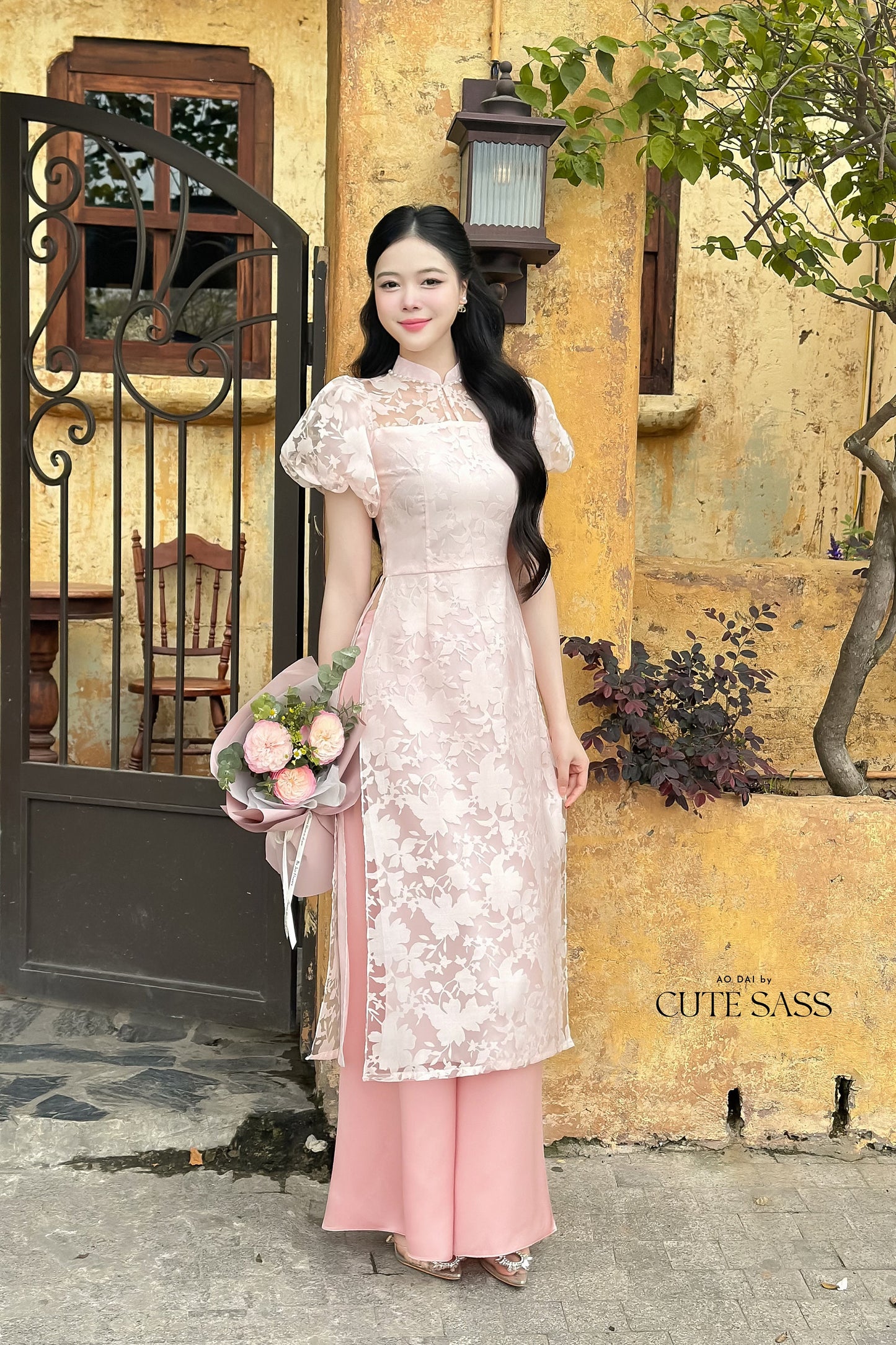 Puffy Sleeves Leaf/Butterfly Ao Dai Set (2 Colors) |Pre-made Modernized Vietnamese Ao Dai| Ao Dai with Pants | Lunar New Year|21C