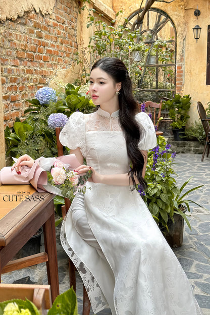 Puffy Sleeves Leaf/Butterfly Ao Dai Set (2 Colors) |Pre-made Modernized Vietnamese Ao Dai| Ao Dai with Pants | Lunar New Year|21C