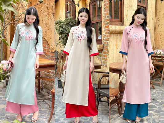 Shifted Button Silk Embroidered Ao Dai Set (3 Colors) |Pre-made Modernized Vietnamese Ao Dai| Ao Dai with Pants | Lunar New Year|19-20D,22C