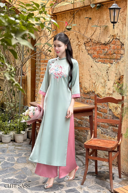 Shifted Button Silk Embroidered Ao Dai Set (3 Colors) |Pre-made Modernized Vietnamese Ao Dai| Ao Dai with Pants | Lunar New Year|19-20D,22C