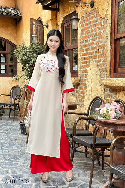Shifted Button Silk Embroidered Ao Dai Set (3 Colors) |Pre-made Modernized Vietnamese Ao Dai| Ao Dai with Pants | Lunar New Year|19-20D,22C