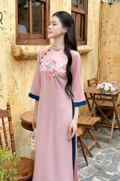 Shifted Button Silk Embroidered Ao Dai Set (3 Colors) |Pre-made Modernized Vietnamese Ao Dai| Ao Dai with Pants | Lunar New Year|19-20D,22C