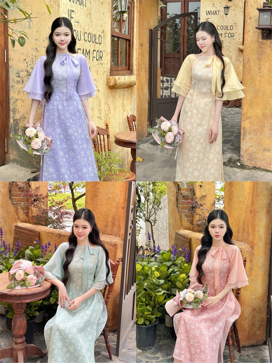 Halter Mini Daisy Ao Dai Set (4 Colors) |Pre-made Modernized Vietnamese Ao Dai| Ao Dai with Pants | Lunar New Year|10,20,28A