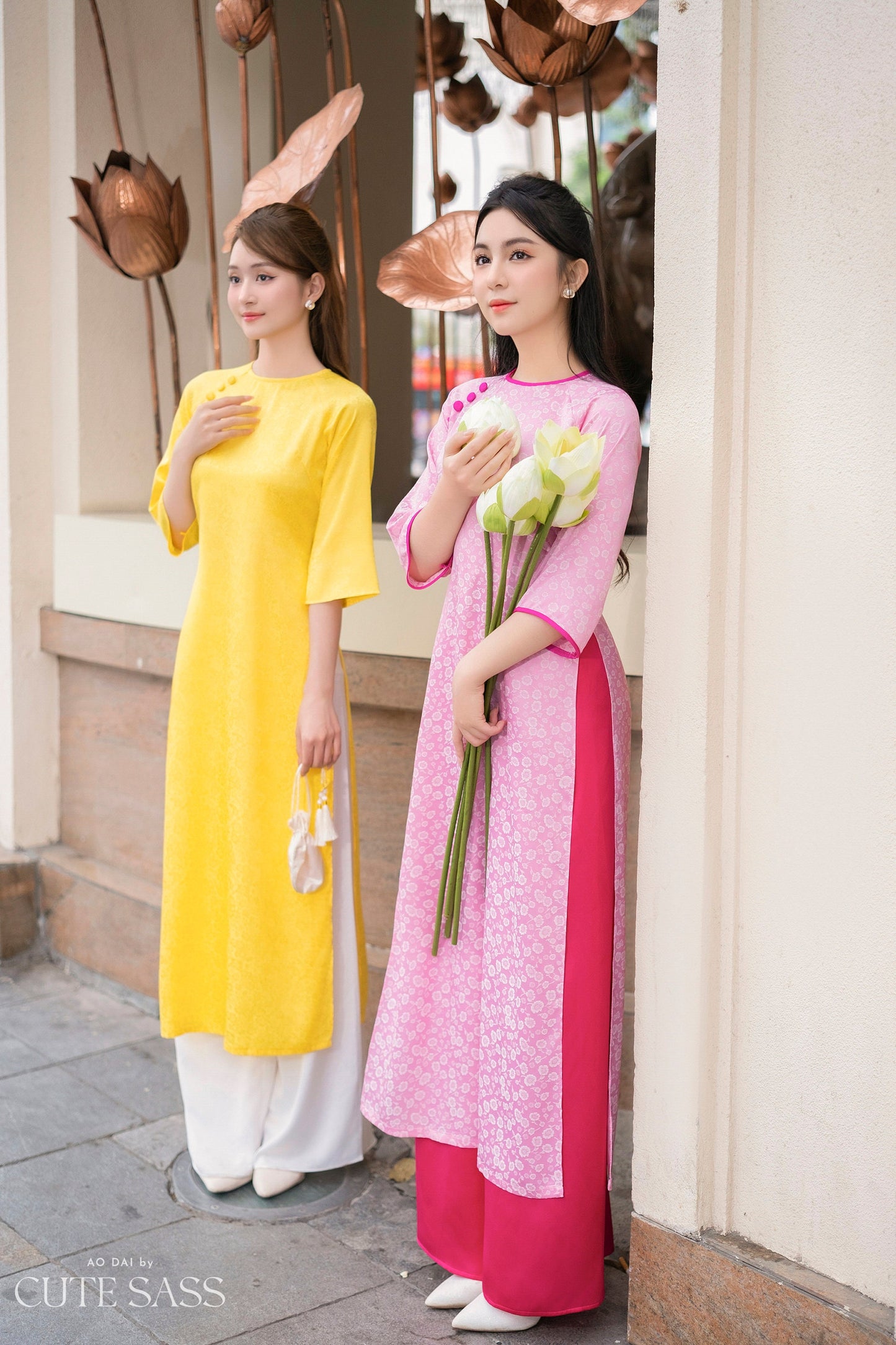 Shifted Pink Button Gam Ao Dai Set