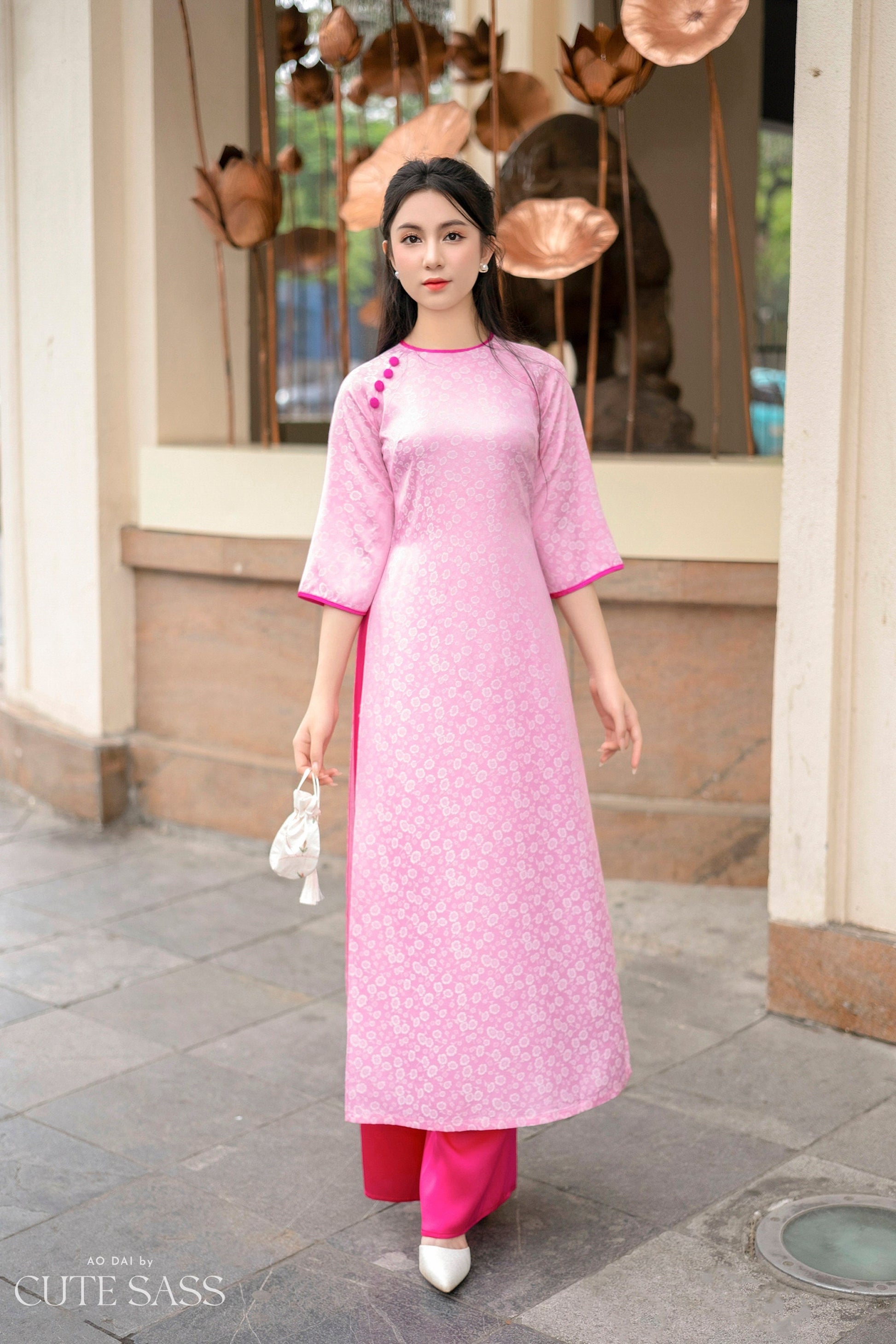 Shifted Pink Button Gam Ao Dai Set