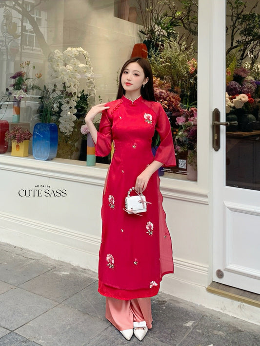Red Carnation Button Ao Dai Set |Pre-made Modernized Vietnamese Ao Dai| Ao Dai with Pants | Lunar New Year| Ao Dai Truyen Thong|6E