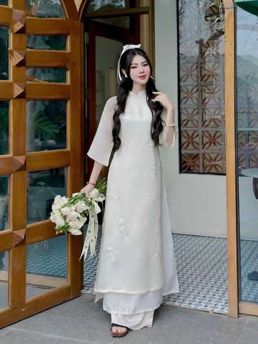 White Shifted Embroidered Chiffon Pearls Ao Dai Set |Pre-made Modernized Vietnamese Ao Dai| Ao Dai with Pants | Lunar New Year| 30A