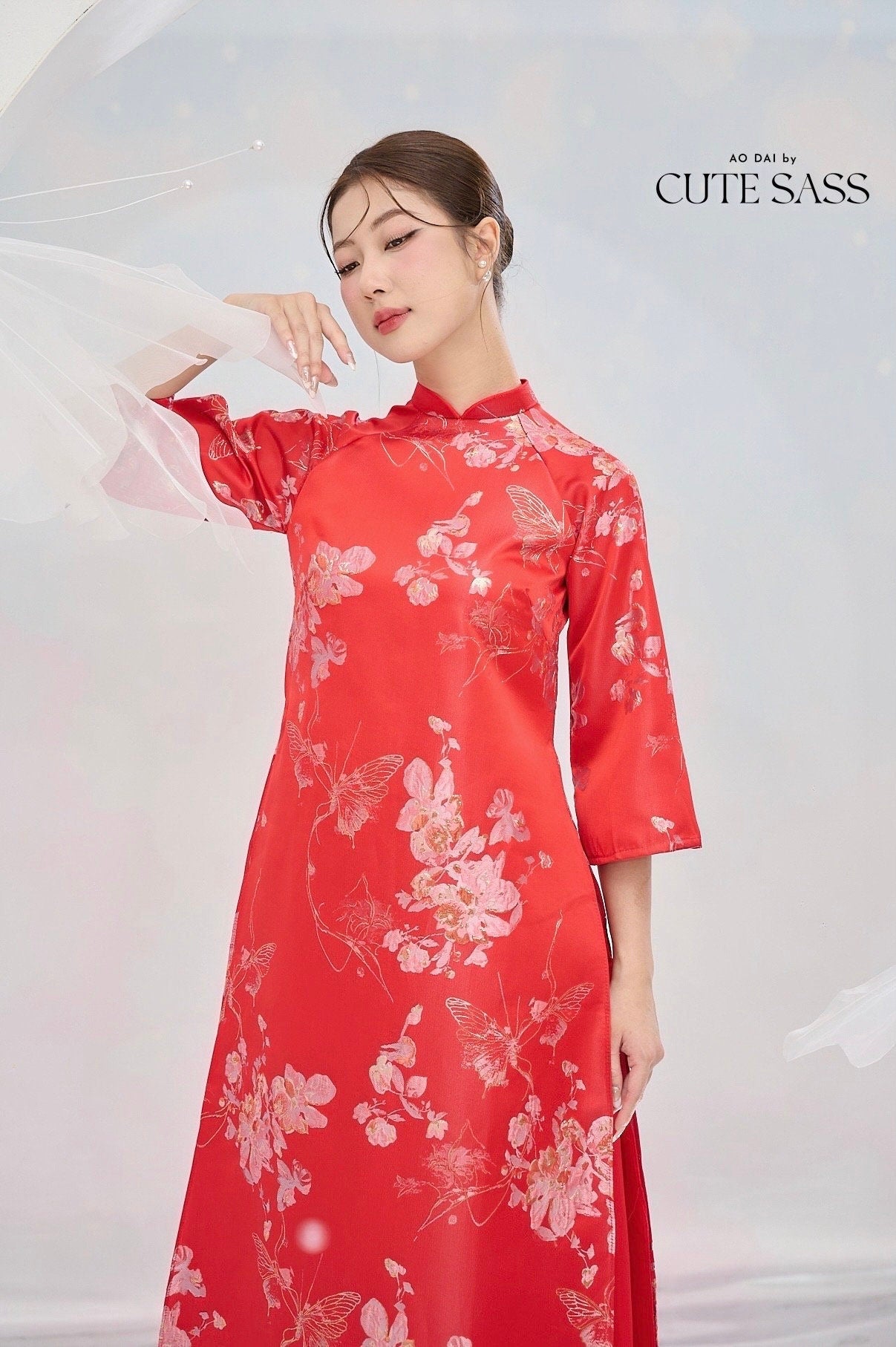 Red and Gold Butterfly Garden Shifted Ao Dai Set |Pre-made Modernized Vietnamese Ao Dai| Lunar New Year| Ao Dai Truyen Thong| 1-2D