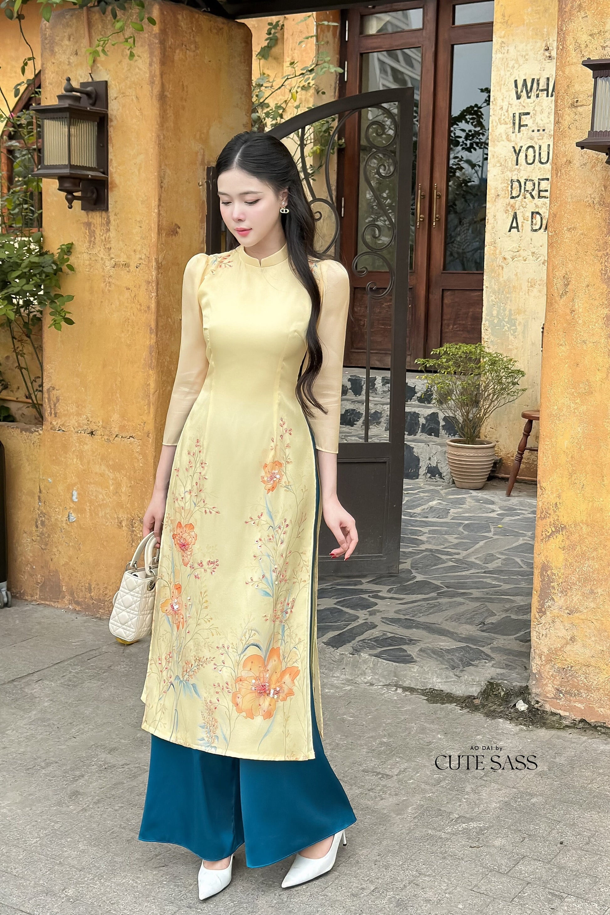 Yellow Sparkle Spring Ao Dai Set| Pre-made Traditional Vietnamese Ao Dai|Ao Dai with Pants|Lunar New Year|Ao Dai Cach Tan|8B