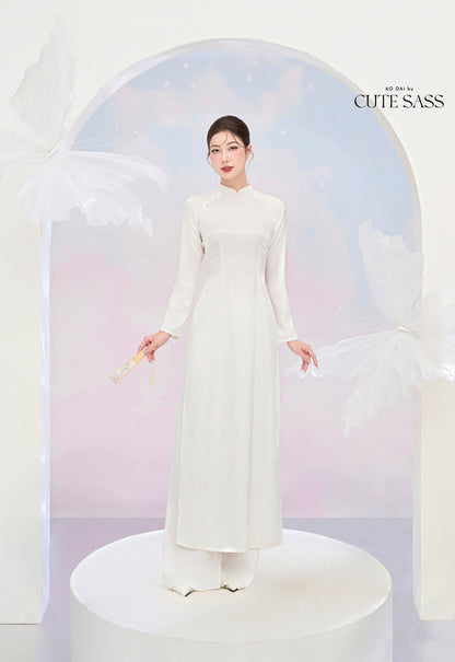 Tinh Kỳ - White High Collar Ao Dai Set |Pre-made Traditional Vietnamese Ao Dai|Ao Dai with Pants|Graduaion