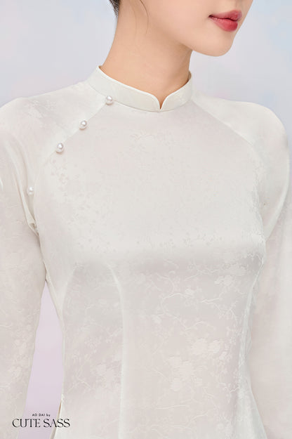 Tinh Kỳ - White High Collar Ao Dai Set |Pre-made Traditional Vietnamese Ao Dai|Ao Dai with Pants|Graduaion