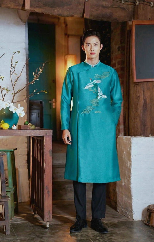 Men Turquoise Embroidered Hac Ao Dai Top (No White Collar Border)| Pre-made Traditional Vietnamese Ao Dai| Lunar New Year | Ao Dai Tet|35D