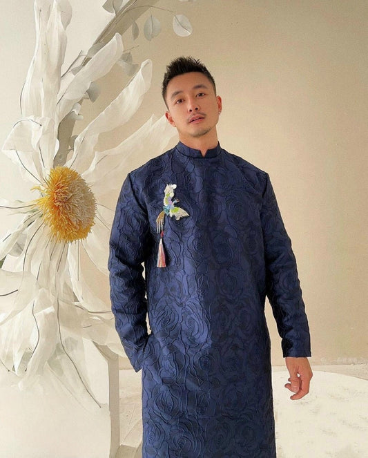 Men Dark Blue Embroidered Hac Ao Dai Gam Top| Pre-made Traditional Vietnamese Ao Dai| Lunar New Year | Ao Dai for Dad, Boy | Ao Dai Tet|35D