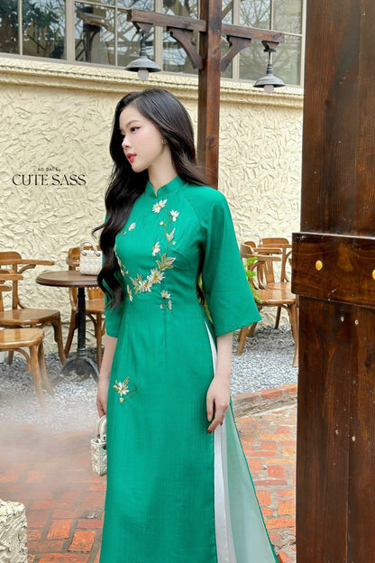 Royal Green Chiffon Ao Dai Set |Pre-made Modernized Vietnamese Ao Dai| Ao Dai with Pants | Lunar New Year| Ao Dai Truyen Thong|11A