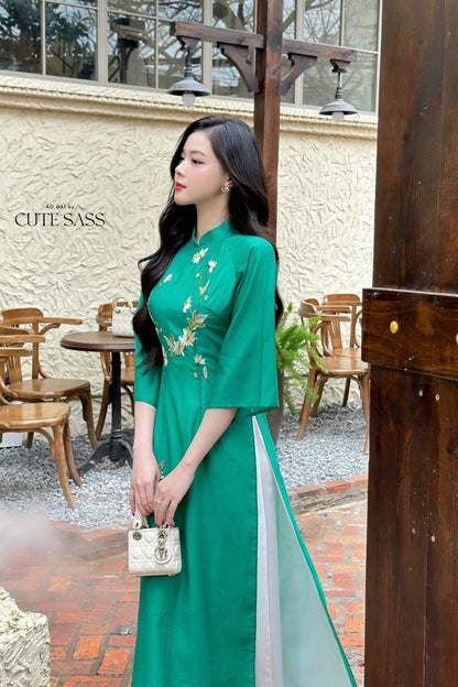 Royal Green Chiffon Ao Dai Set |Pre-made Modernized Vietnamese Ao Dai| Ao Dai with Pants | Lunar New Year| Ao Dai Truyen Thong|11A