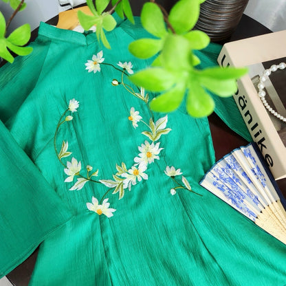 Royal Green Chiffon Ao Dai Set |Pre-made Modernized Vietnamese Ao Dai| Ao Dai with Pants | Lunar New Year| Ao Dai Truyen Thong|11A